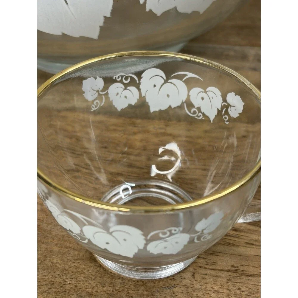 Vintage Anchor Hocking Glass Punch Bowl Grape Leaves Silver Rimmed 9 Piece